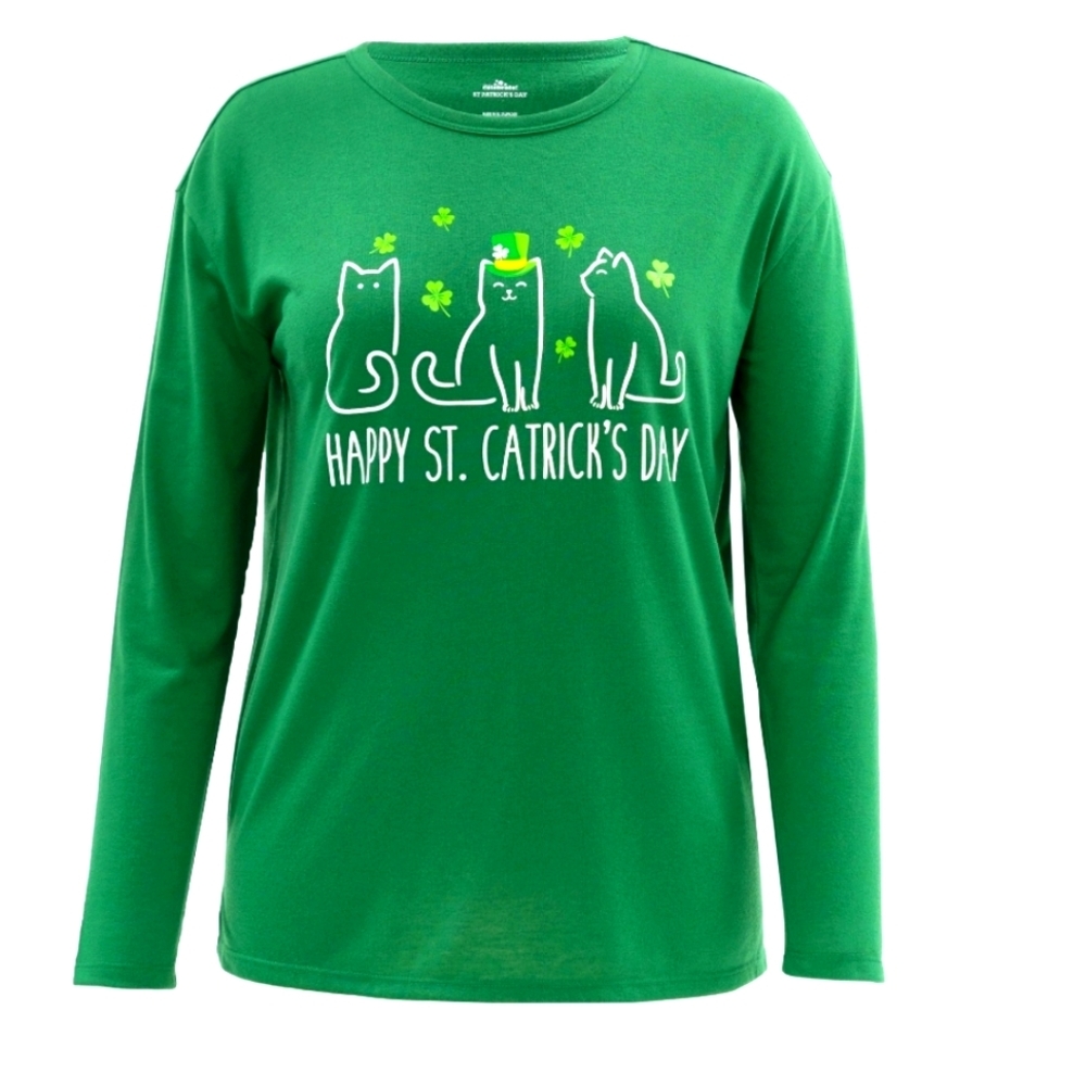 New Green Cat St. Patrick's Women's Graphic Long Sleeve T-Shirt - Size SM, L